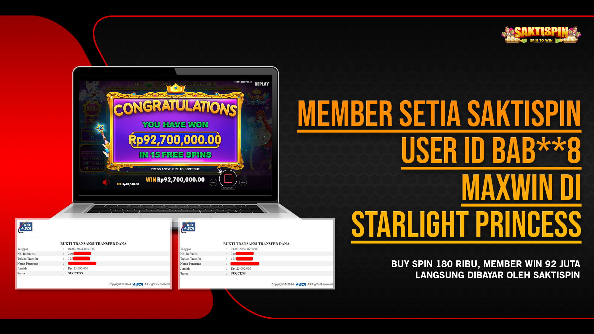 Banner Slot Starlight Princess Win 92 juta WD 50 juta Saktispin